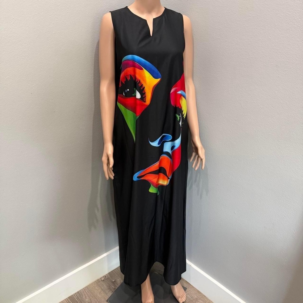 Pop Art Face Graphic Maxi Dress Sleeveless Black Rainbow V-Neck Artistic Gown